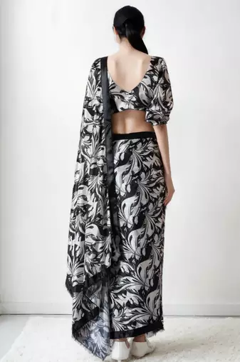 Black poly chiffon designer saree