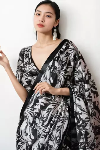 Black poly chiffon designer saree