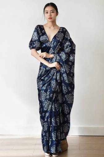 Navy blue floral poly chiffon saree
