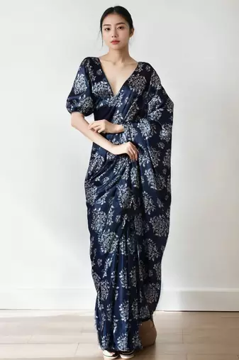 Navy blue floral poly chiffon saree