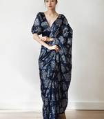 Navy blue floral poly chiffon saree