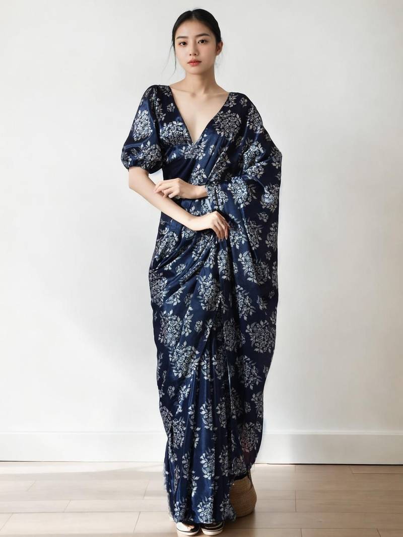 Navy blue floral poly chiffon saree