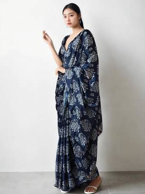 Navy blue floral poly chiffon saree 2