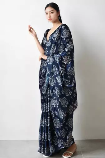 Navy blue floral poly chiffon saree