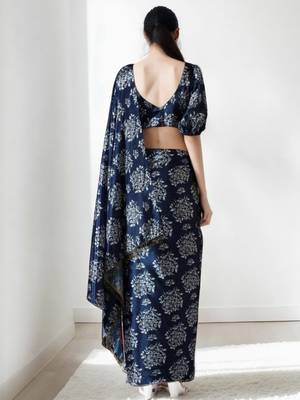 Navy blue floral poly chiffon saree 3