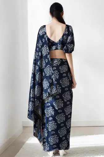 Navy blue floral poly chiffon saree