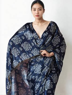 Navy blue floral poly chiffon saree 4