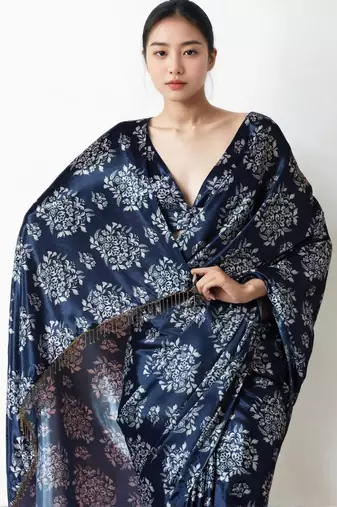 Navy blue floral poly chiffon saree