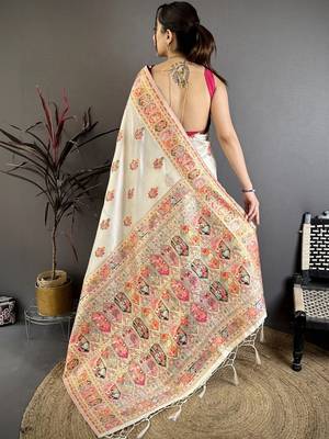 Off white off white pashmina silk zari weaving saree matching blouse piece 2