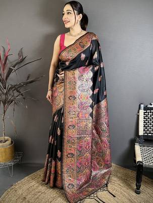 Black black pashmina silk zari weaving saree matching blouse piece 1