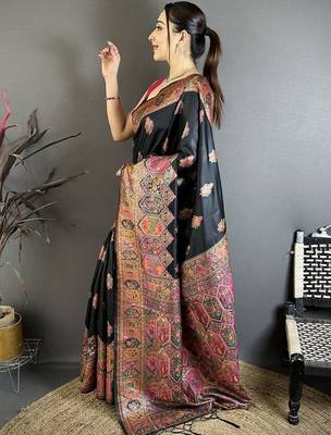Black black pashmina silk zari weaving saree matching blouse piece 3