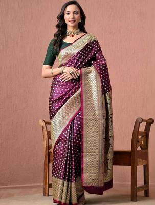 Purple ethnic motifs zari art silk heavy work banarasi saree 1