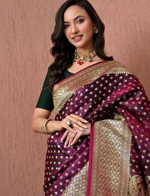Purple ethnic motifs zari art silk heavy work banarasi saree 4
