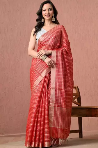 Red checked pure cotton handloom saree