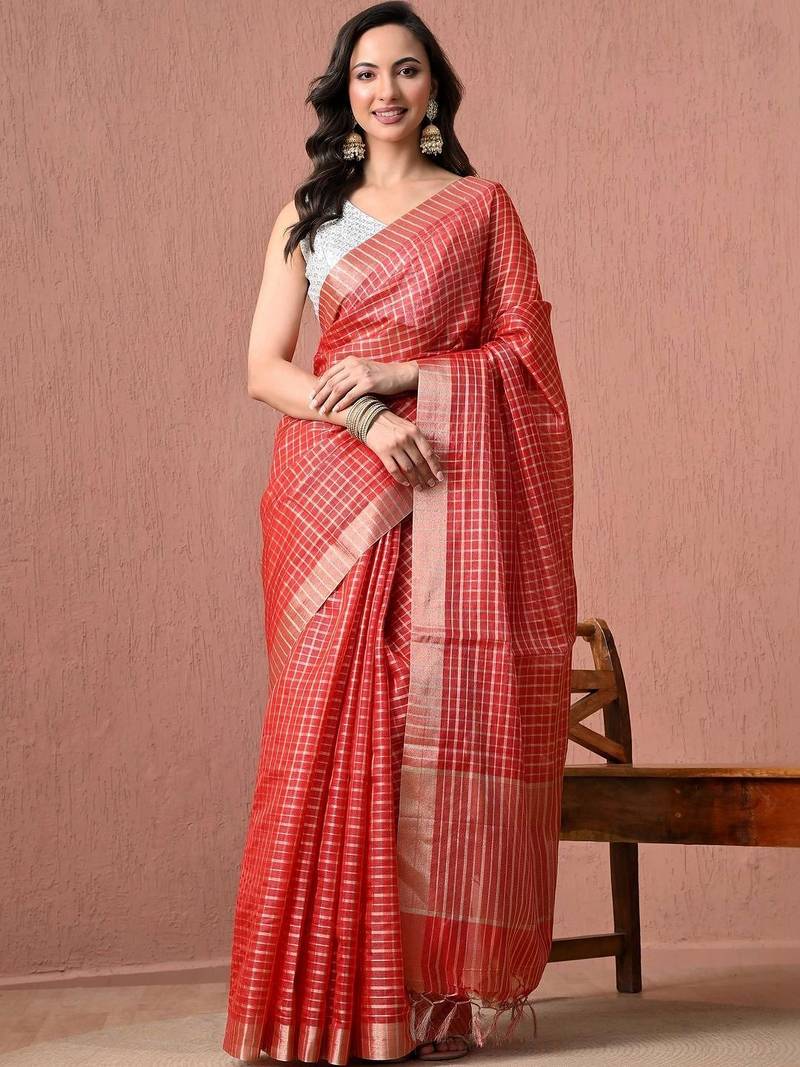 Red checked pure cotton handloom saree