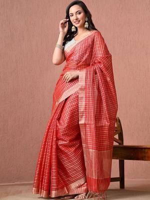 Red checked pure cotton handloom saree 2