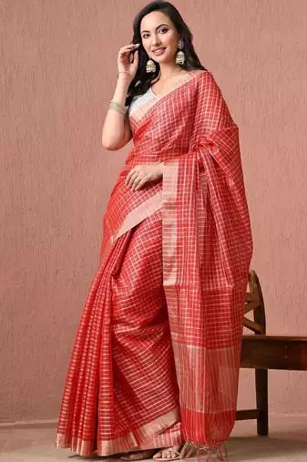 Red checked pure cotton handloom saree