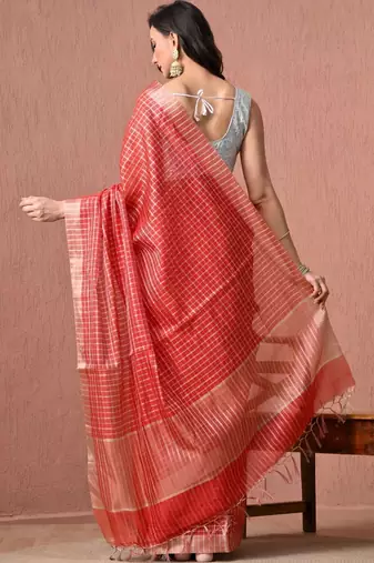 Red checked pure cotton handloom saree