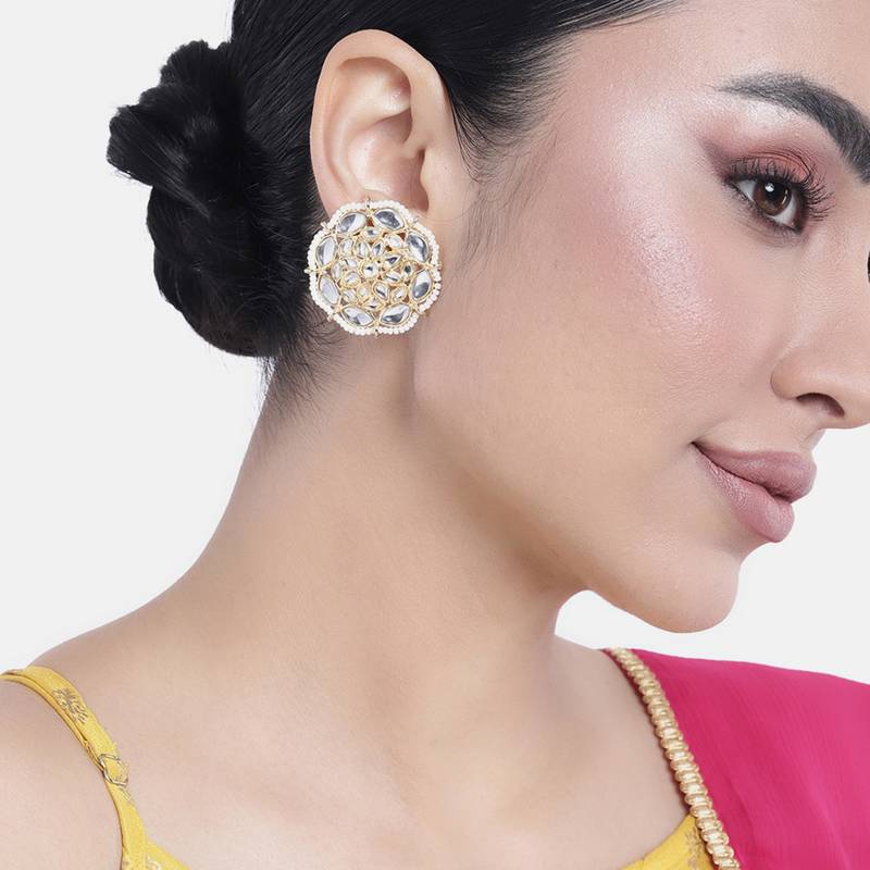 Gold plated kundan studded big stud earrings ethnic jewelry