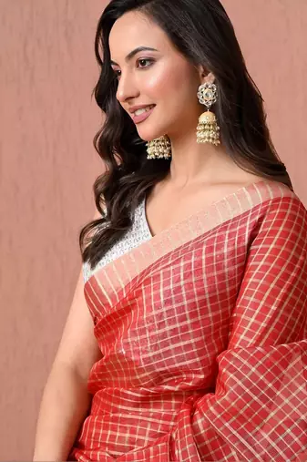 Red checked pure cotton handloom saree