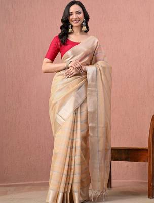 Beige woven design pure cotton handloom saree 1