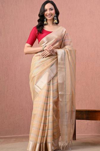 Beige woven design pure cotton handloom saree