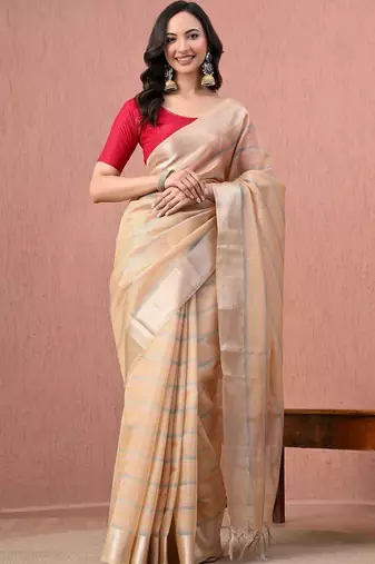 Beige woven design pure cotton handloom saree