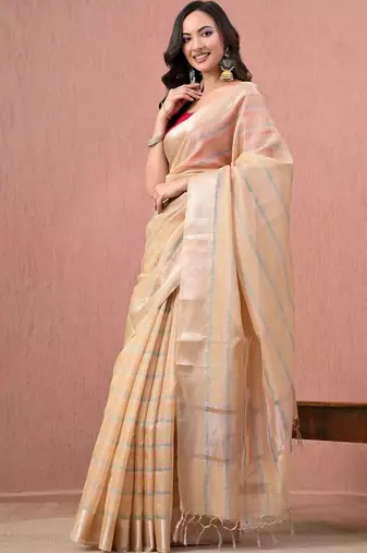 Beige woven design pure cotton handloom saree