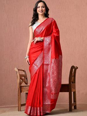 Red ethnic motifs zari art silk banarasi saree 1