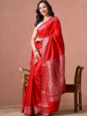 Red ethnic motifs zari art silk banarasi saree 3