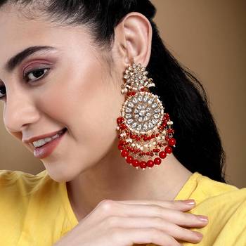 Elegant wear faux kundan studded drop dangle earrings with beaded 1