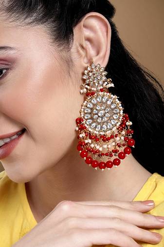 Elegant wear faux kundan studded drop dangle earrings with beaded