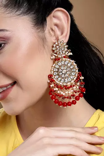 Elegant wear faux kundan studded drop dangle earrings with beaded