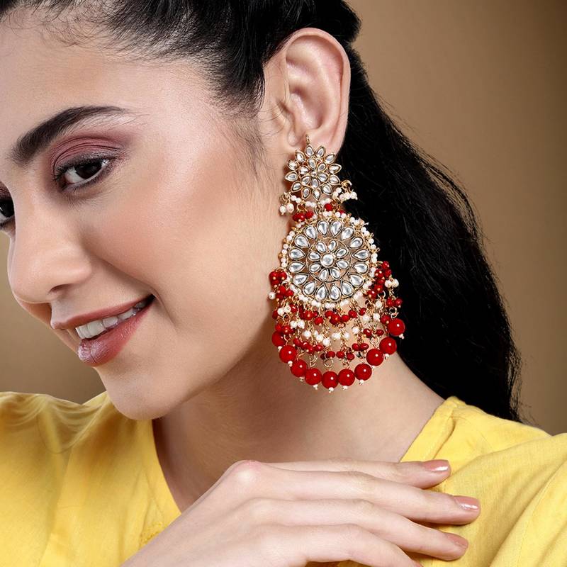 Elegant wear faux kundan studded drop dangle earrings with beaded