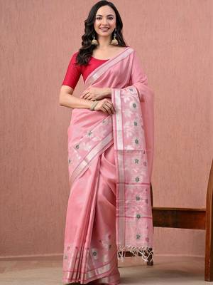 Pink floral pure cotton handloom saree 1