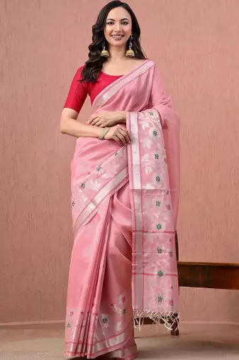 Pink floral pure cotton handloom saree