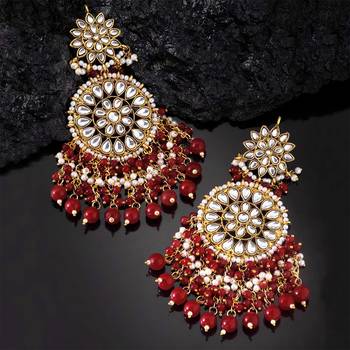 Elegant wear faux kundan studded drop dangle earrings with beaded 2