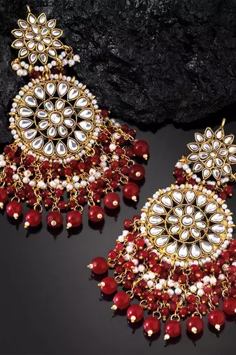 Elegant wear faux kundan studded drop dangle earrings with beaded