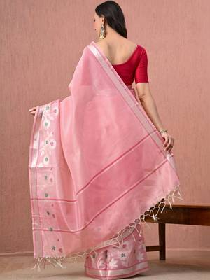Pink floral pure cotton handloom saree 3