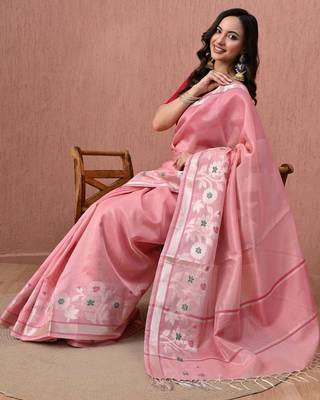 Pink floral pure cotton handloom saree 4