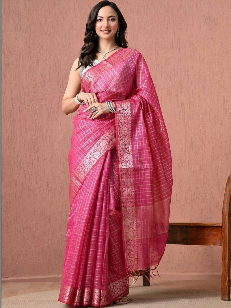 Pink woven design zari pure cotton handloom saree