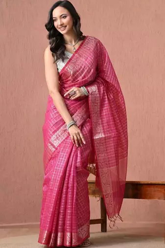 Pink woven design zari pure cotton handloom saree