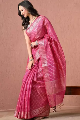 Pink woven design zari pure cotton handloom saree