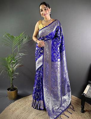 Blue woven design zari silk blend banarasi saree 1