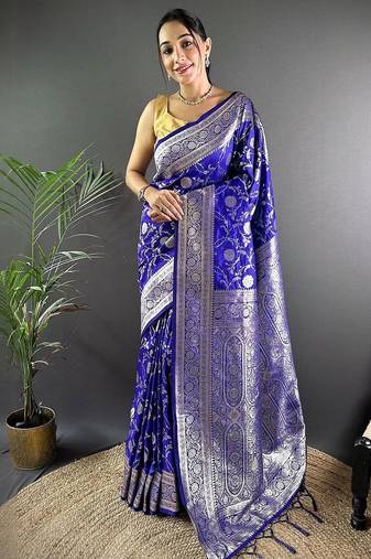 Blue woven design zari silk blend banarasi saree