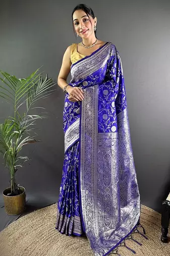 Blue woven design zari silk blend banarasi saree