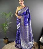 Blue woven design zari silk blend banarasi saree