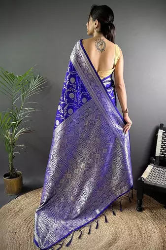 Blue woven design zari silk blend banarasi saree