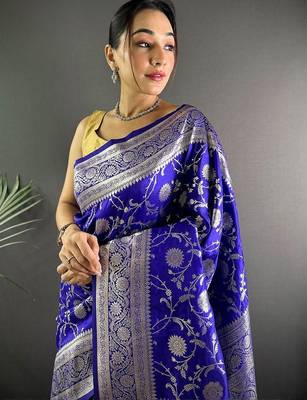 Blue woven design zari silk blend banarasi saree 3