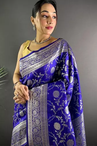 Blue woven design zari silk blend banarasi saree
